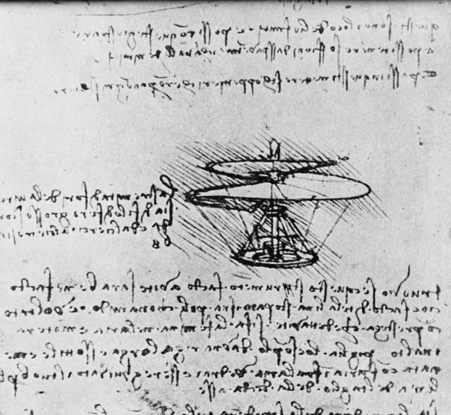 <p>A design for a 'helical air screw' from the notebooks of Italian polymath Leonardo da Vinci </p>