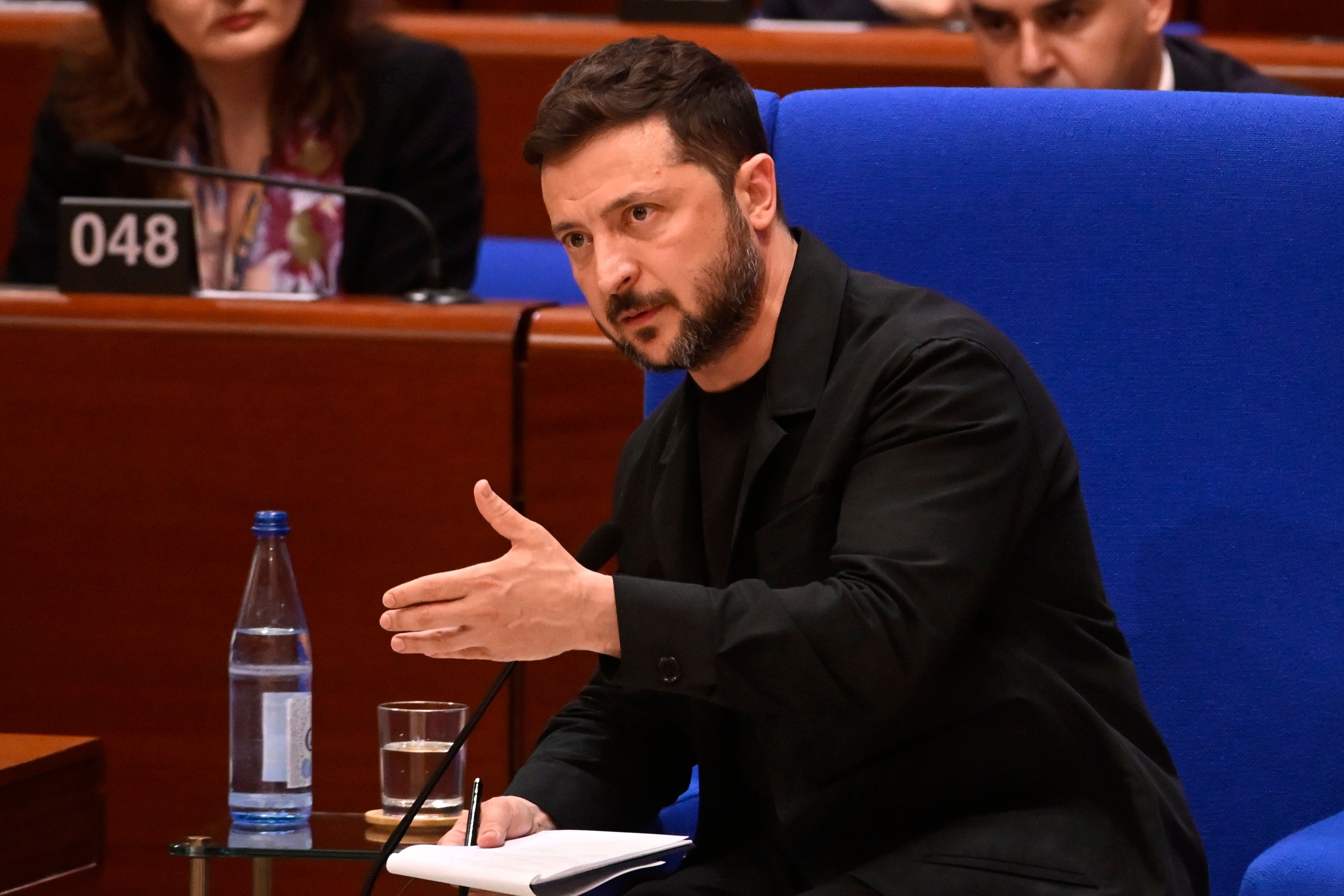 Ukraine's president Volodymyr Zelensky delivers a speech at the Council of Europe in Strasbourg in eastern France