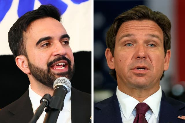 <p>Florida Gov. Ron DeSantis (right) warned that if Zohran Mamdani (left) wins NYC mayor, wealthy New Yorkers may move to Florida, raising Palm Beach property values.</p>
