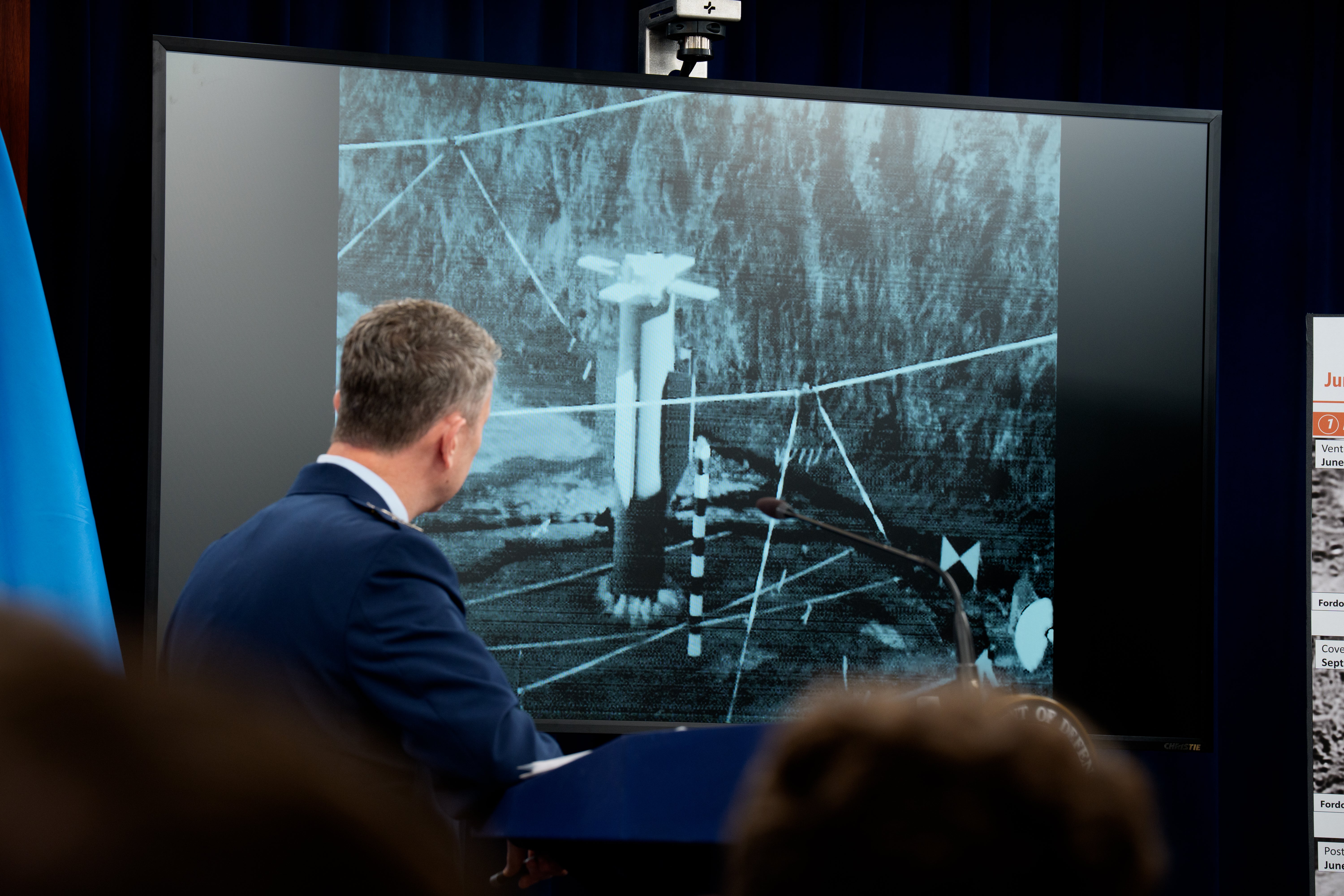 On Thursday the US pushed back on reports its bombing raid had not been as successful as Donald Trump claimed. Here, US chairman of the joint chiefs of staff Dan Caine shows the type of weaponary they used