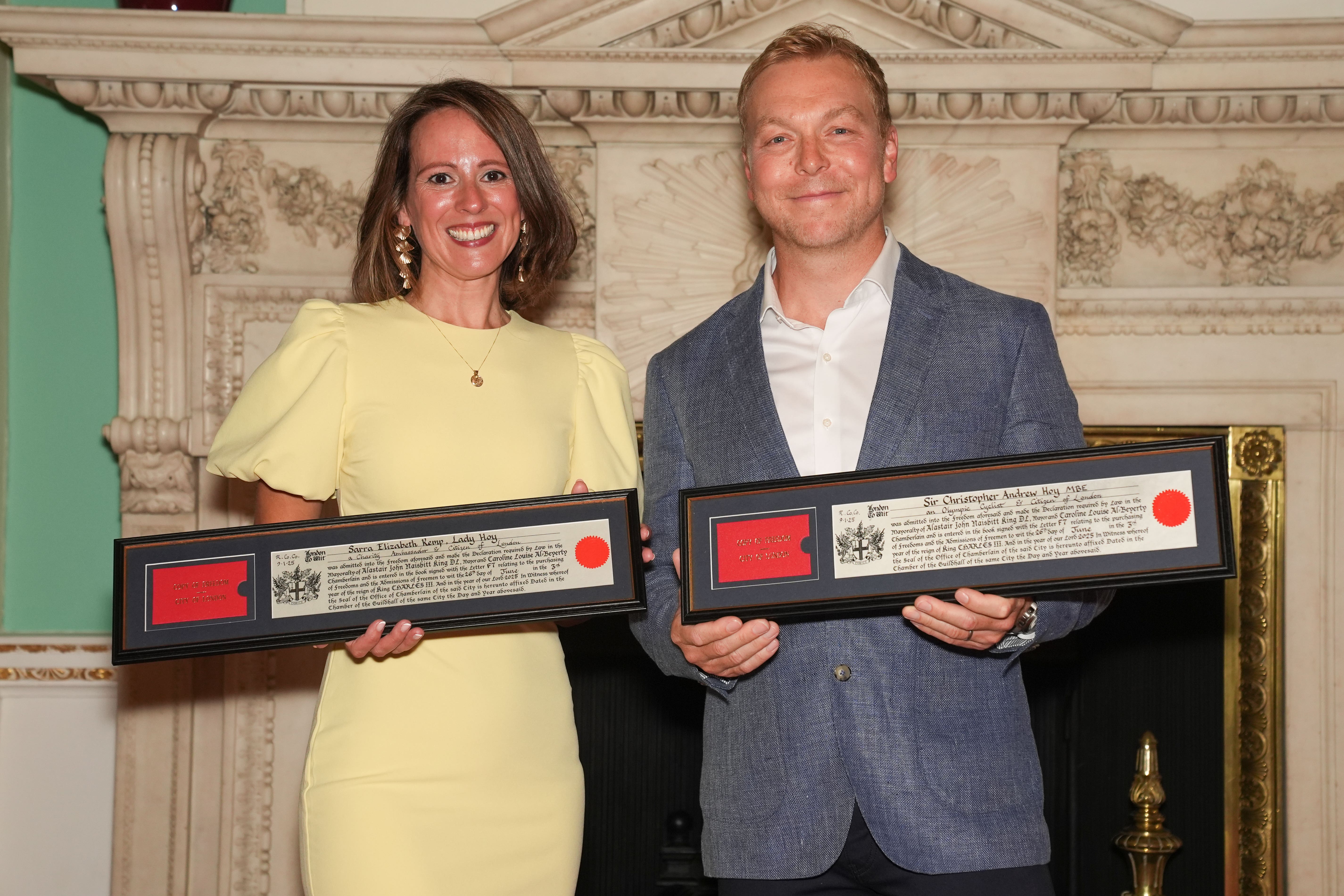Sir Chris Hoy and his wife Lady Sarra Hoy receiving the Freedom of the City of London at a joint ceremony at the Lord Mayor’s official residence (Lucy North/PA)