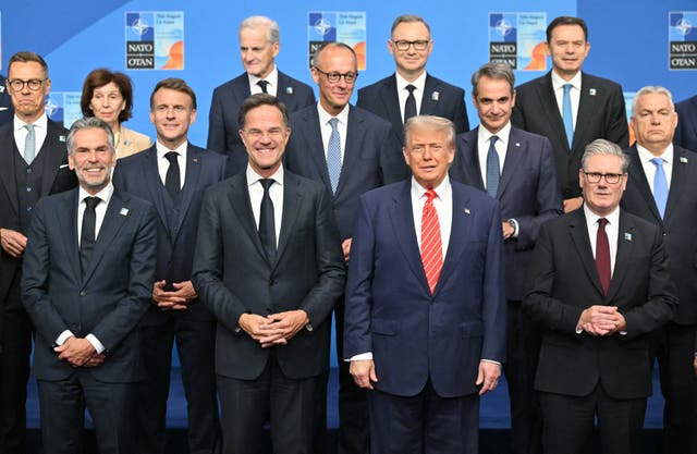 <p>(Front from L) Finland's President Alexander Stubb, Netherlands' Prime Minister Dick Schoof, France's President Emmanuel Macron, NATO Secretary General Mark Rutte, US President Donald Trump, Greece's Prime Minister Kyriakos Mitsotakis, Britain's Prime Minister Keir Starmer, Hungary's Prime Minister Viktor Orban stand with NATO country leaders for a family photo during the North Atlantic Treaty Organization (NATO) Heads of State and Government summit in The Hague, on June 25, 2025. NATO leaders hold a two-day summit on June 24 and 25 in The Hague. (Photo by NICOLAS TUCAT / AFP) (Photo by NICOLAS TUCAT/AFP via Getty Images)          </p>