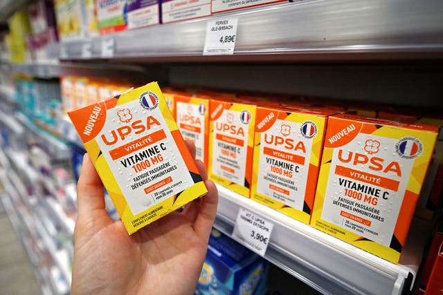 <p>Boxes of vitamin C on a pharmacy shelf in Colomiers, France</p>