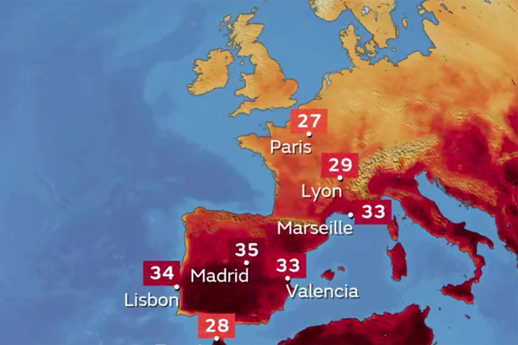 Met Office forecasts for Friday show temperatures well into the 30s - and they are set to go even higher