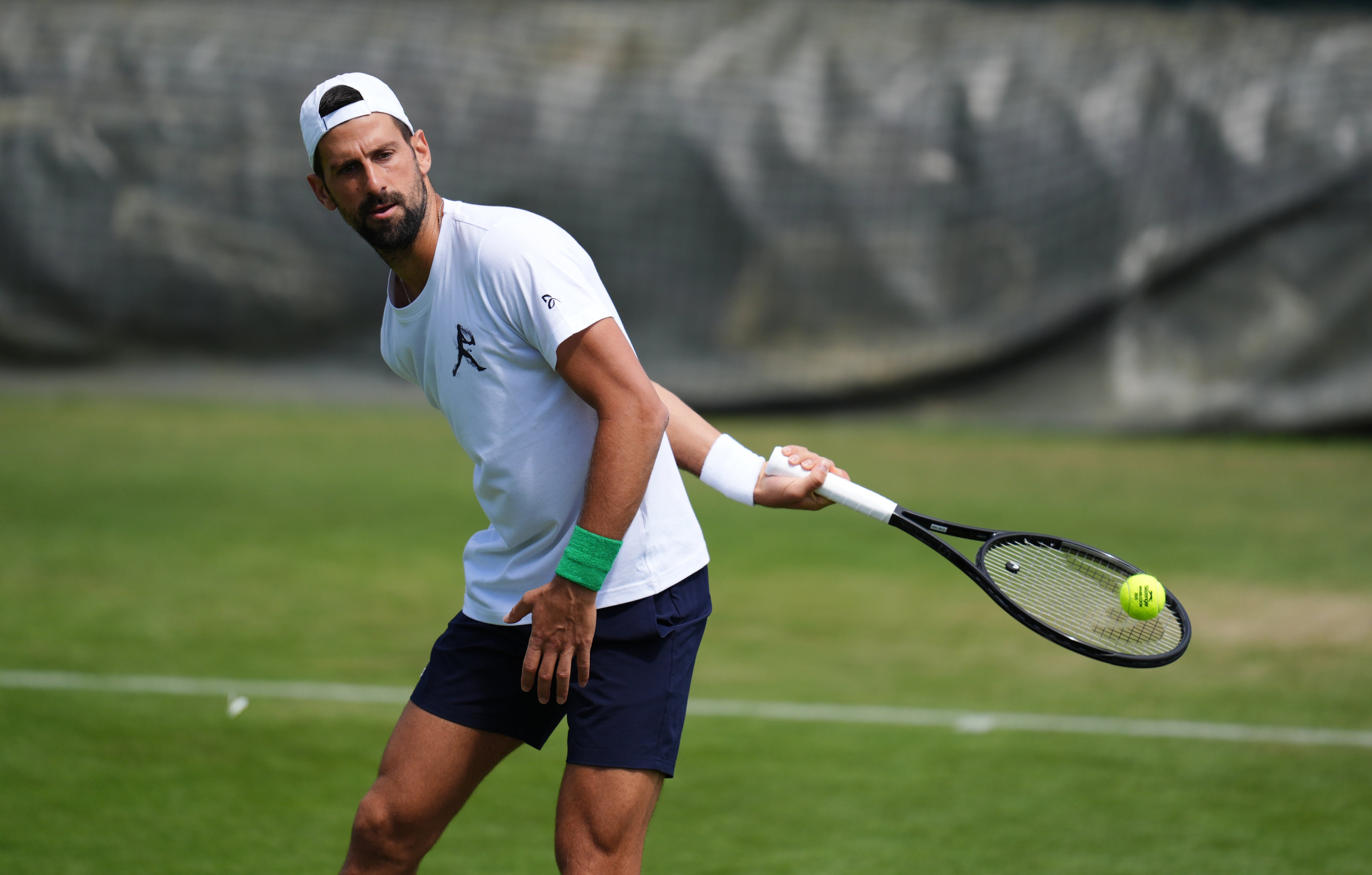 Novak Djokovic during a practice session at the All England Lawn Tennis and Croquet Club