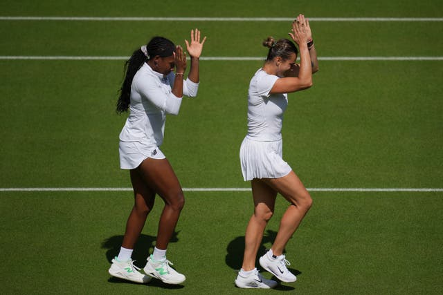 <p>Aryna Sabalenka of Belarus, right, and Coco Gauff of the United States during a practice session ahead of the Wimbledon Championships in London</p>