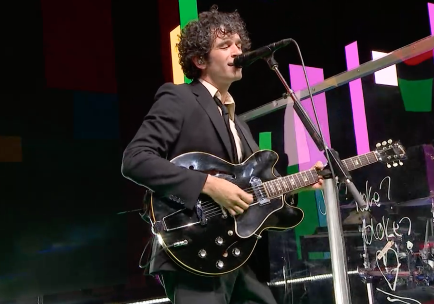 Matty Healy of The 1975 performs on the Pyramid Stage at Glastonbury