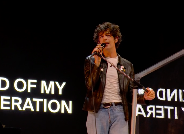 <p>Matty Healy of The 1975 during the band's headline performance at Glastonbury Festival, 27 June 2025</p>