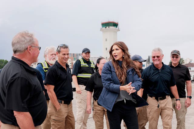 <p>Homeland Security Secretary Kristi Noem with Air Marshals and Security Officials at the La Aurora International Airport in Guatemala on June 26, 2025</p>