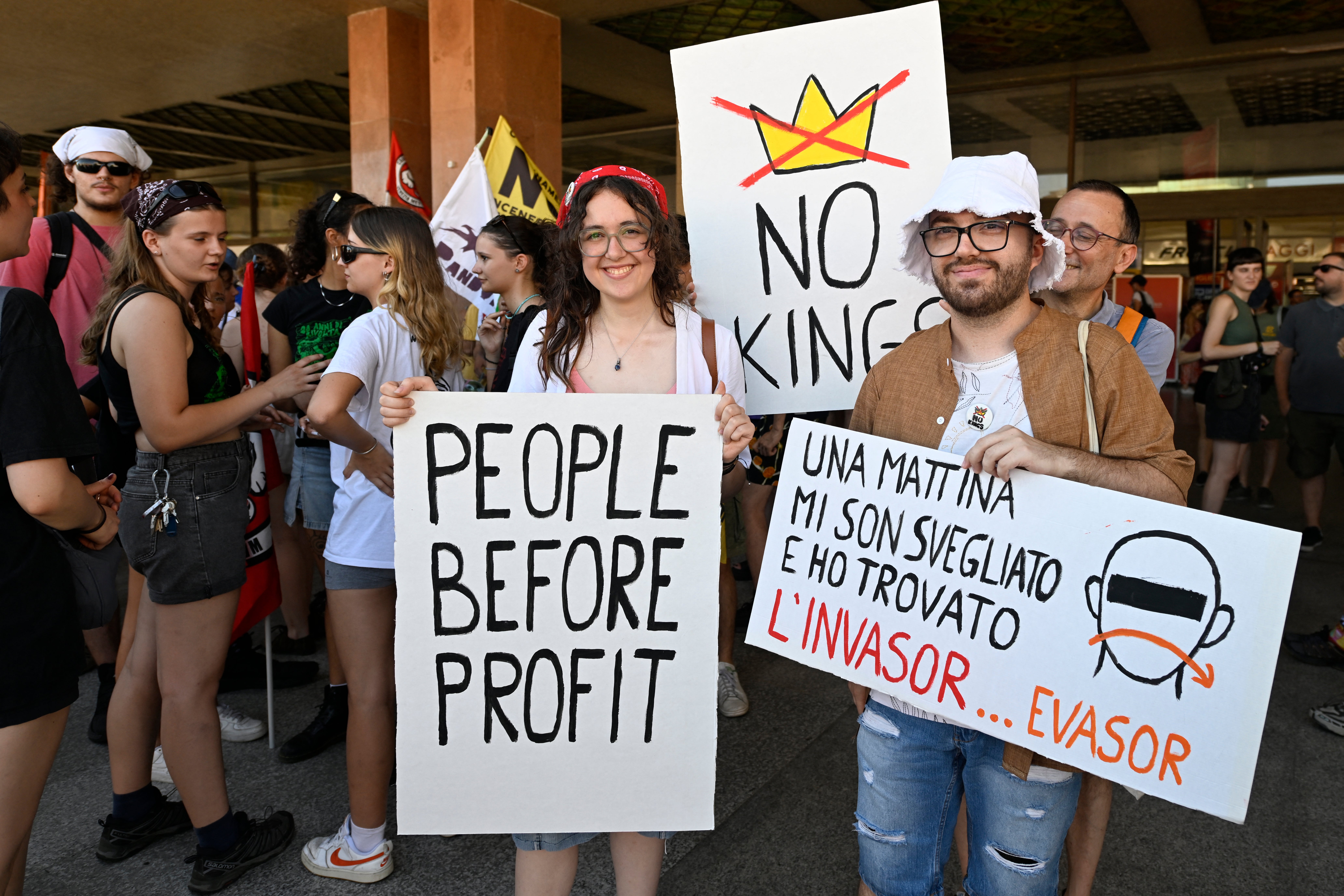 People take part in a 'No Space for Bezos' protest