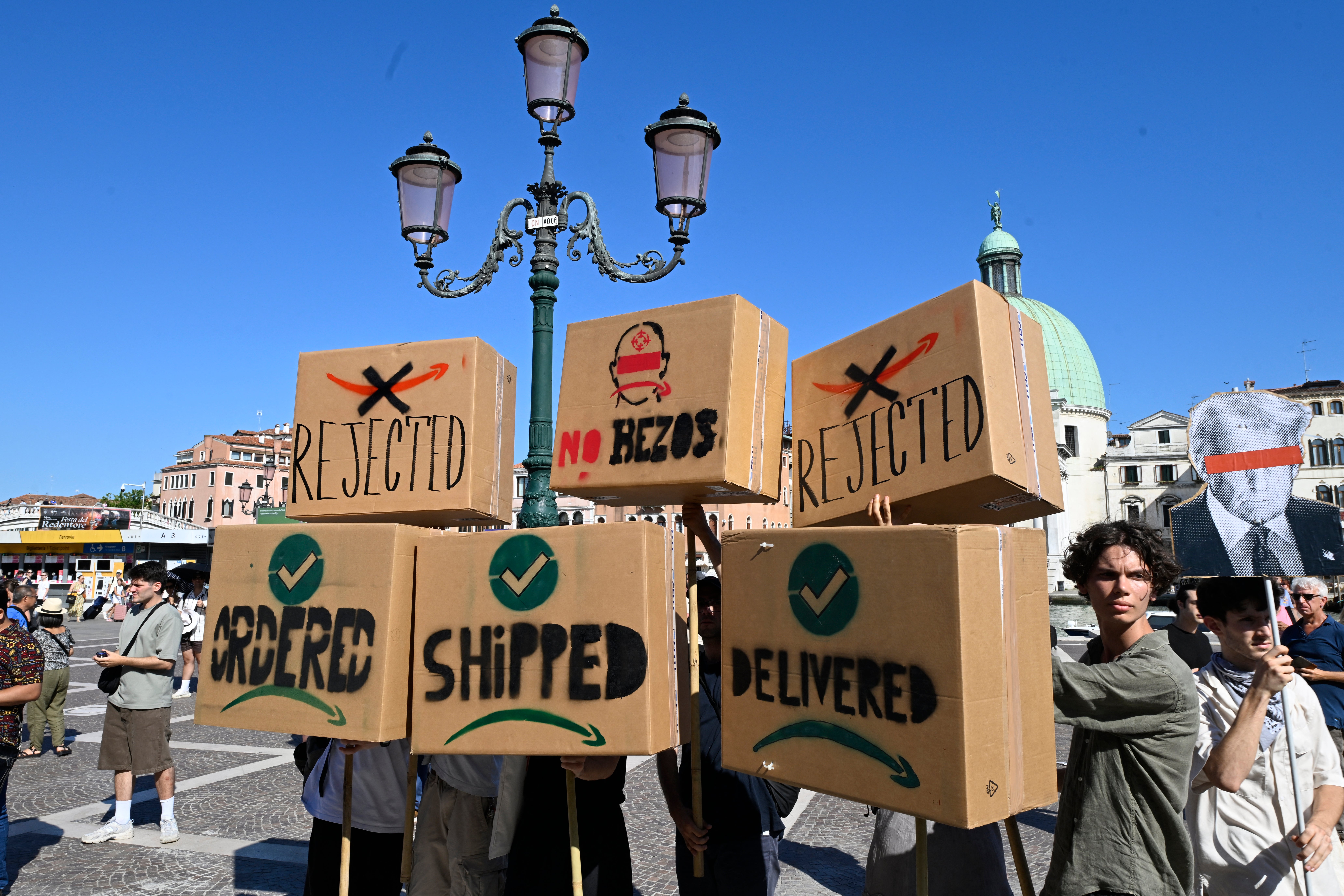 Protesters railed against the Amazon founder