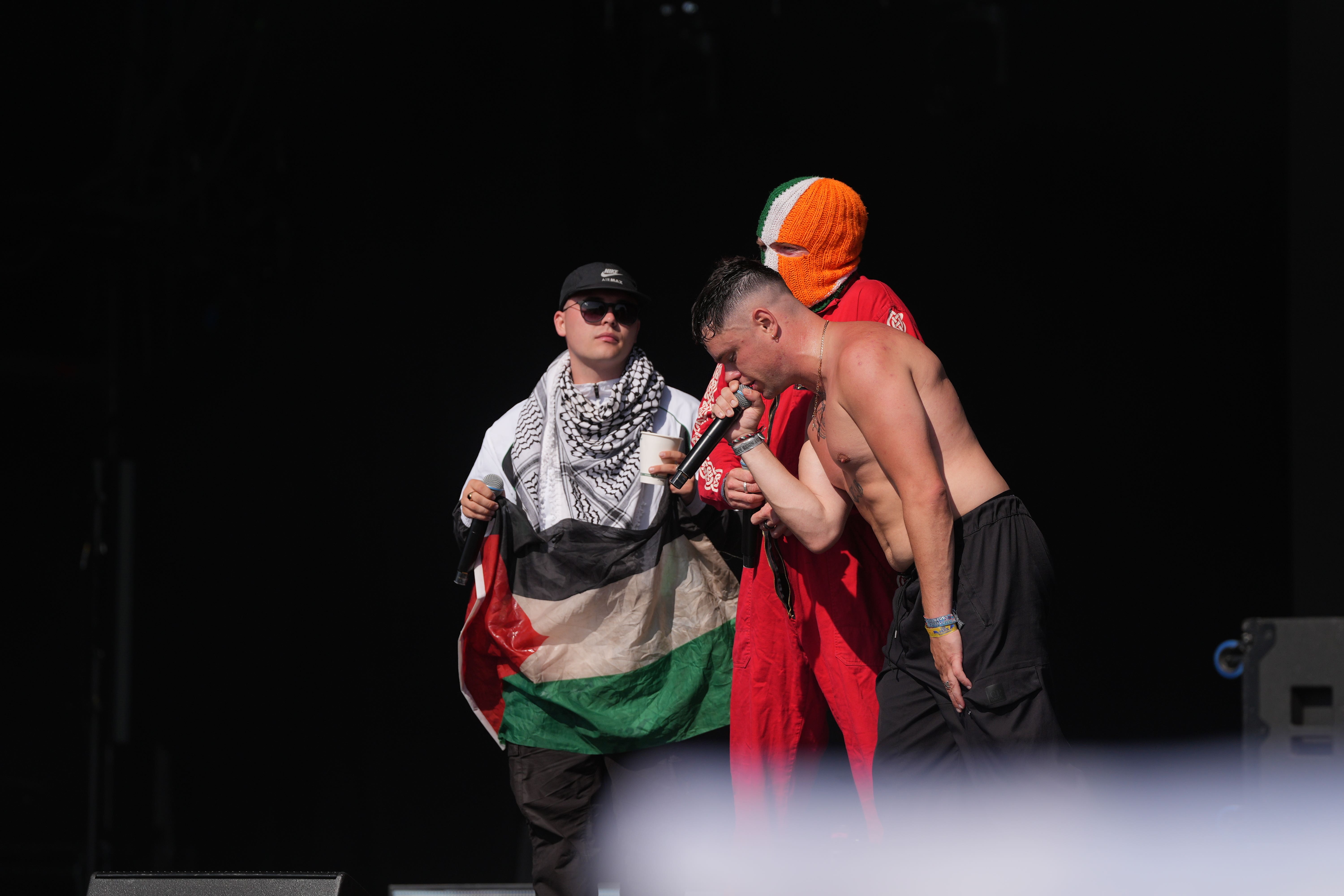 Kneecap performing on West Holts at Glastonbury, Saturday 28 June 2025