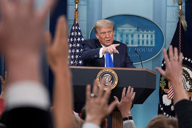 <p>Donald Trump speaks to the media at the White House in Washington</p>