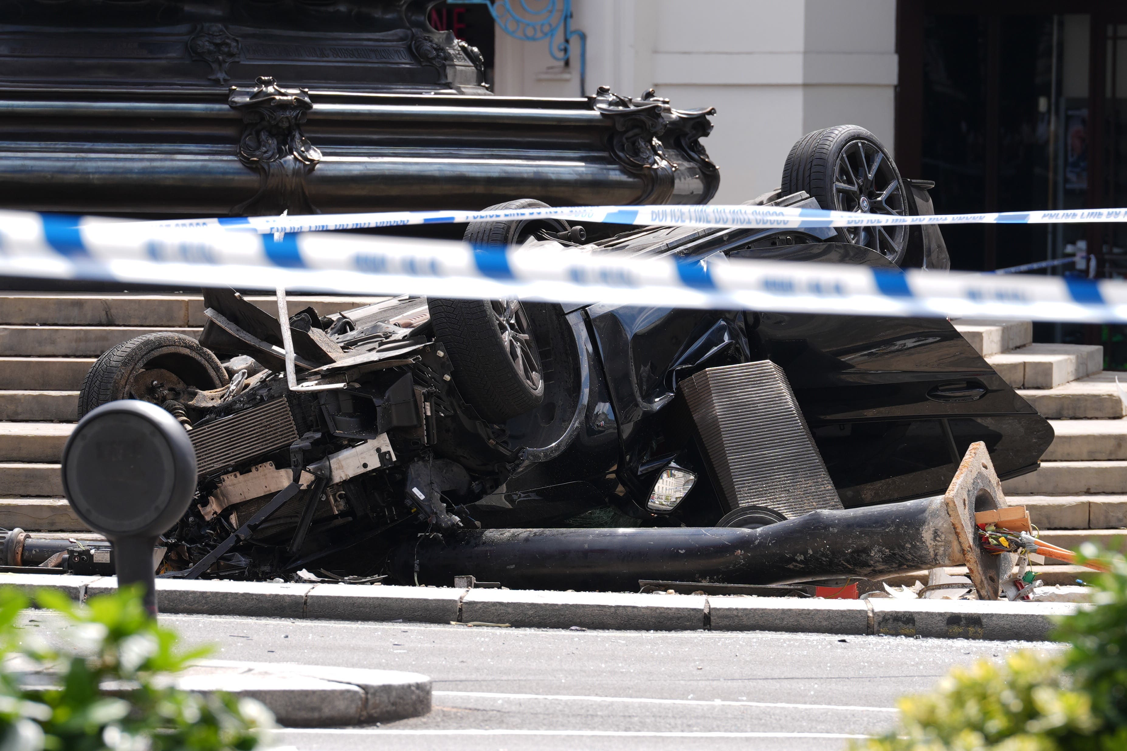 The scene after a car crashed near the Shaftesbury Memorial Fountain, popularly known as Eros in London’s Piccadilly Circus (Lucy North/PA)