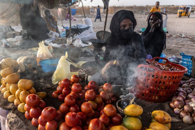 <p>Sudanese women sell fruits and vegetables in a refugee camp in Adre, Chad</p>
