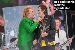 Ronnie Wood backstage with Lulu and Mick Hucknall at Glastonbury