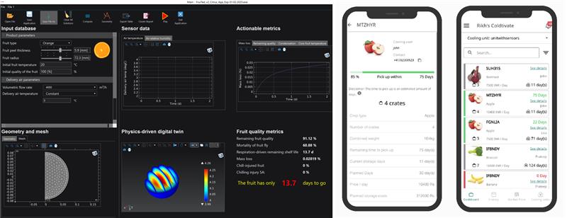 Forecasting fruit freshness based on multiphysics (left) and seeing the expected shelf life of a particular crate in storage (right) based on science coupled with real-time information