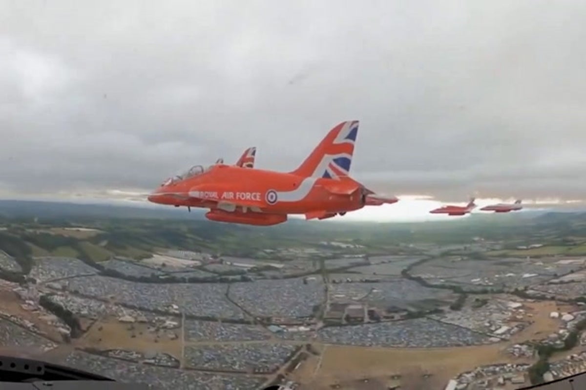 Watch as the Red Arrows fly over Glastonbury during surprise Pulp performance
