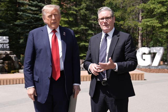 <p>US President Donald Trump (left) and Prime Minister Sir Keir Starmer speaking to the media at the G7 summit in Kananaskis, Alberta, Canada (Stefan Rousseau/PA)</p>