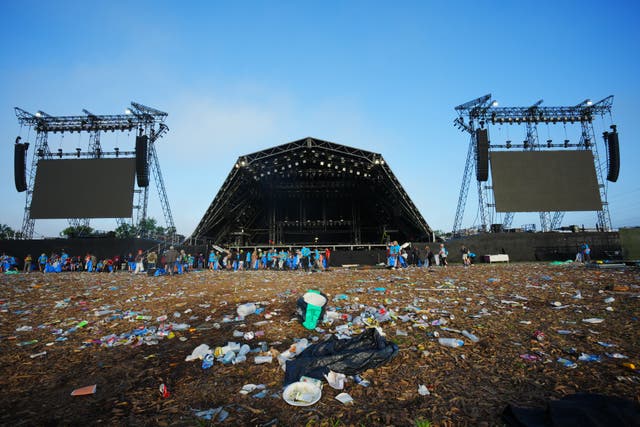 <p>The field in front of the Pyramid Stage covered in litter ahead of the clean up operation at the end of the Glastonbury Festival at Worthy Farm in Somerset. Picture date: Monday June 30, 2025.</p>