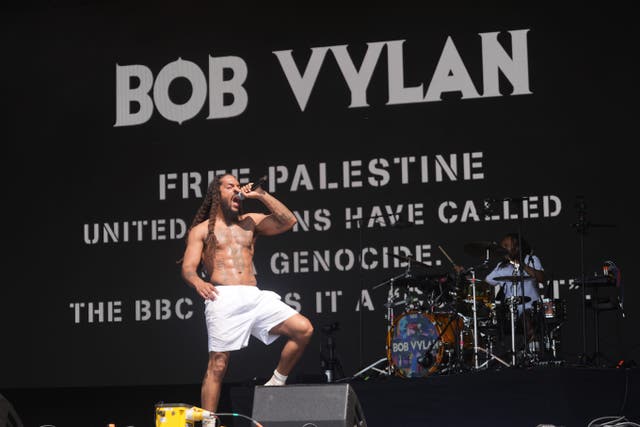 Bob Vylan performing on the West Holts stage during the Glastonbury Festival at Worthy Farm in Somerset (Yui Mok/PA)