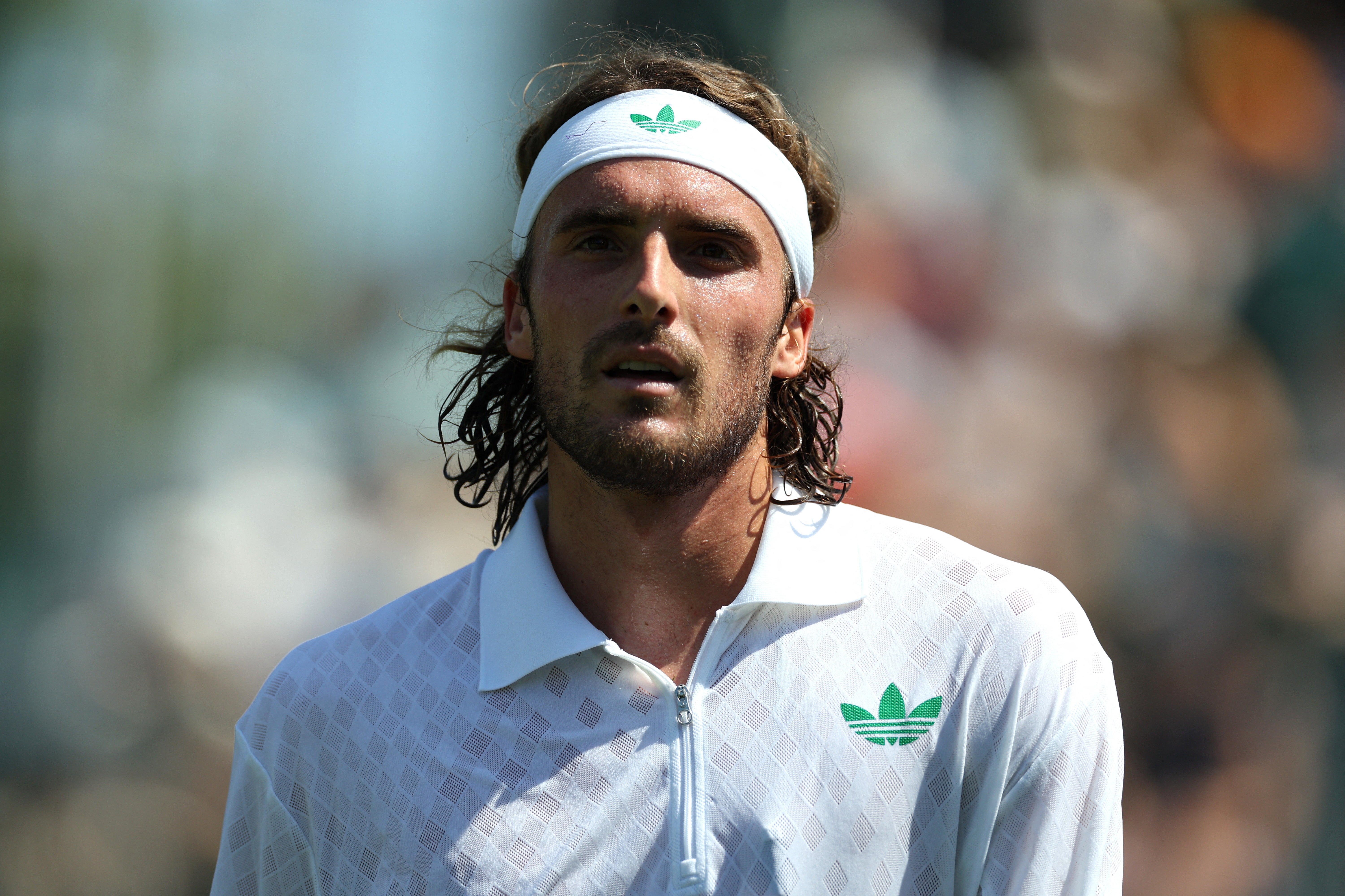 Greece's Stefanos Tsitsipas reacts during his first round match against France's Valentin Royer