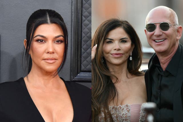 <p>Lauren Sanchez, Jeff Bezos, Kourtney Kardashian</p>