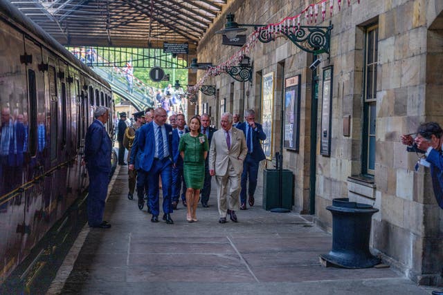 The King during a visit to Pickering in Yorkshire, after arriving by royal train, pulled by Flying Scotsman (Charlotte Graham/Daily Telegraph/PA)