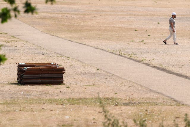 A person walks across the dry grass in Hyde Park in London (Jonathan Brady/PA)