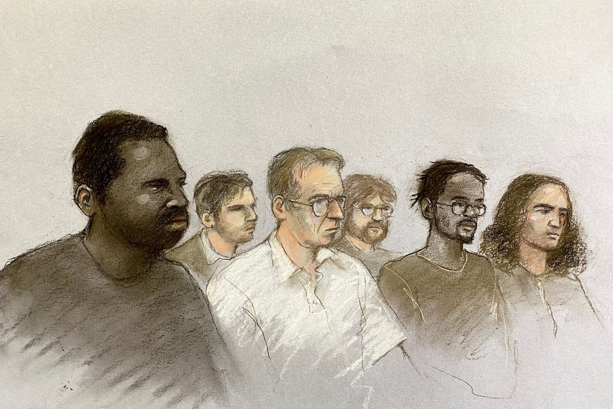 Nii Mensah, 23, Paul English, 61, Jakeem Rose, 23, and Ugnius Asmena, 20, and (back left) Dmirjus Paulauskas, 23, and Ashton Evans, 20, (back right) appearing at the Old Bailey (PA)