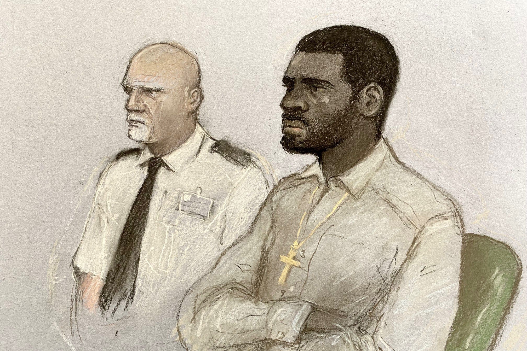 Court artist drawing of Yostin Andres Mosquera (right) appearing in the dock at the Old Bailey, central London (Elizabeth Cook/PA)