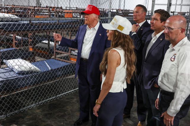 <p>President Donald Trump, Florida Governor Ron DeSantis and Homeland Security Secretary Kristi Noem tour the temporary migrant detention center informally known as “Alligator Alcatraz” in Ochopee, Florida, on Tuesday July 1 2025</p>