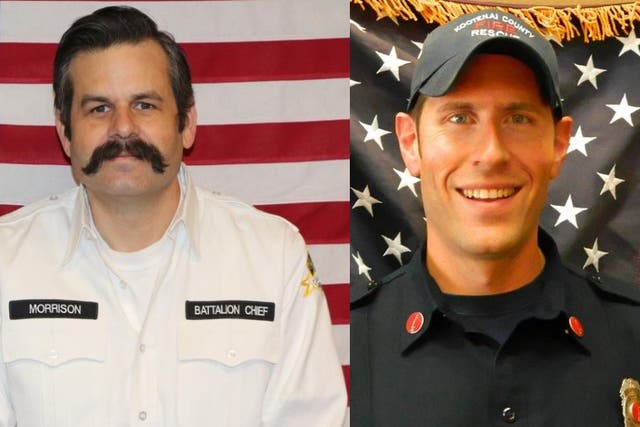 <p>John Morrison (left) and Frank Harwood (right) have been identified as the firefighters killed in Sunday's ambush shooting in Idaho.</p>