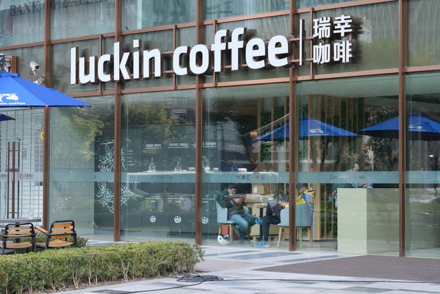 <p>Exterior of Luckin Coffee shop. Chinese coffee brand</p>