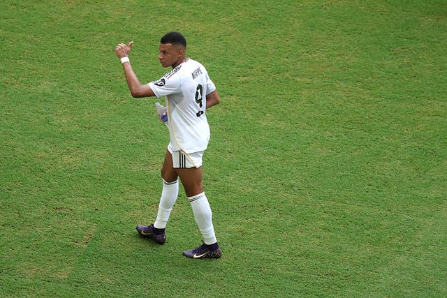 <p>Mbappe made his debut at the tournament after sitting out the group matches</p>