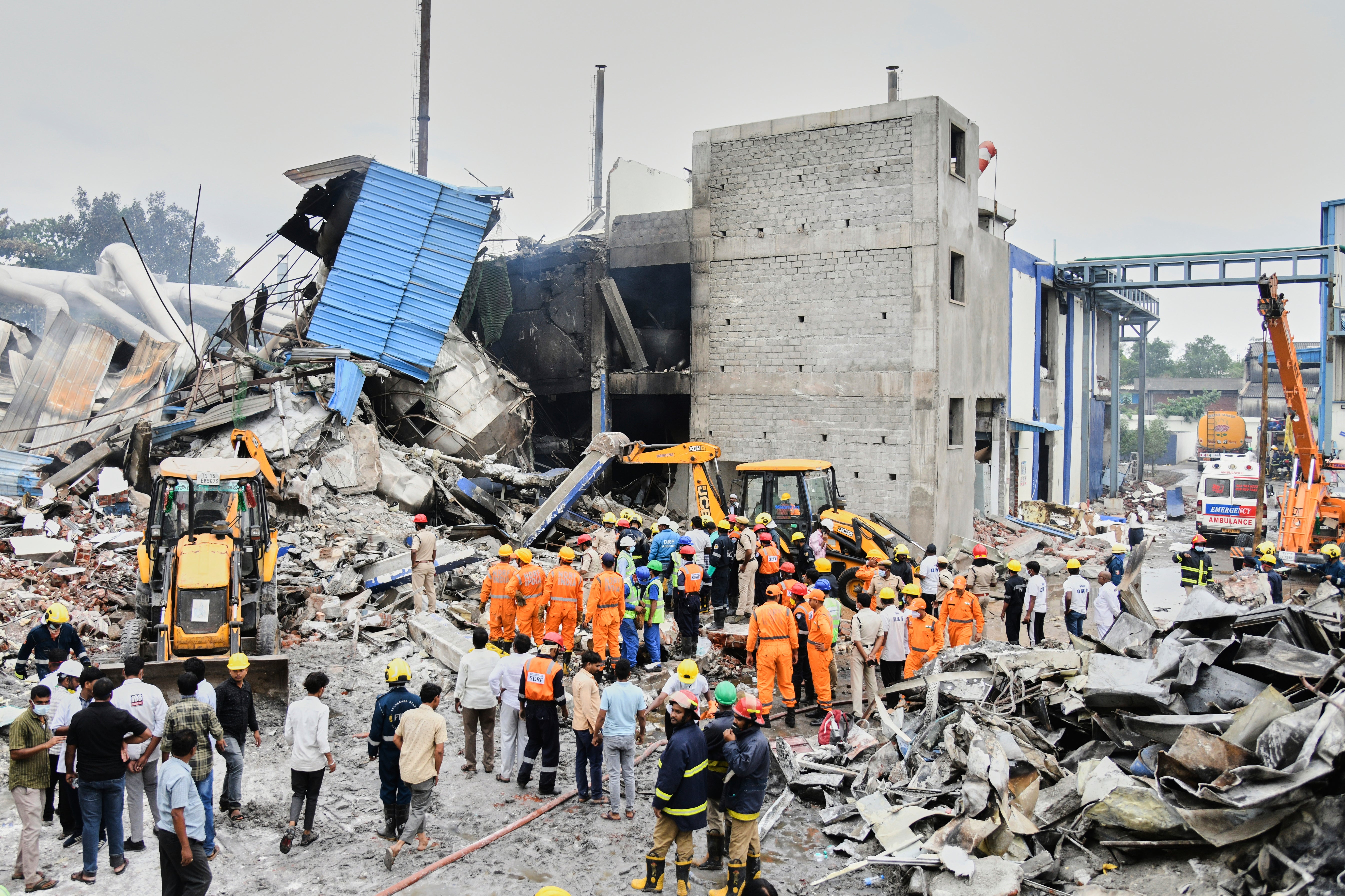<p>Rescue workers look for survivors after at an explosion and a fire at a pharmaceutical factory in an industrial area in Sangareddy, some 50kms (31 miles) from Hyderabad, India</p>