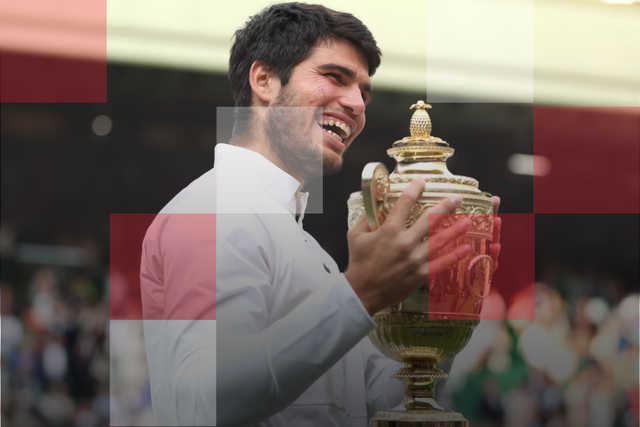 <p>Carlos Alcaraz with the Wimbledon trophy</p>