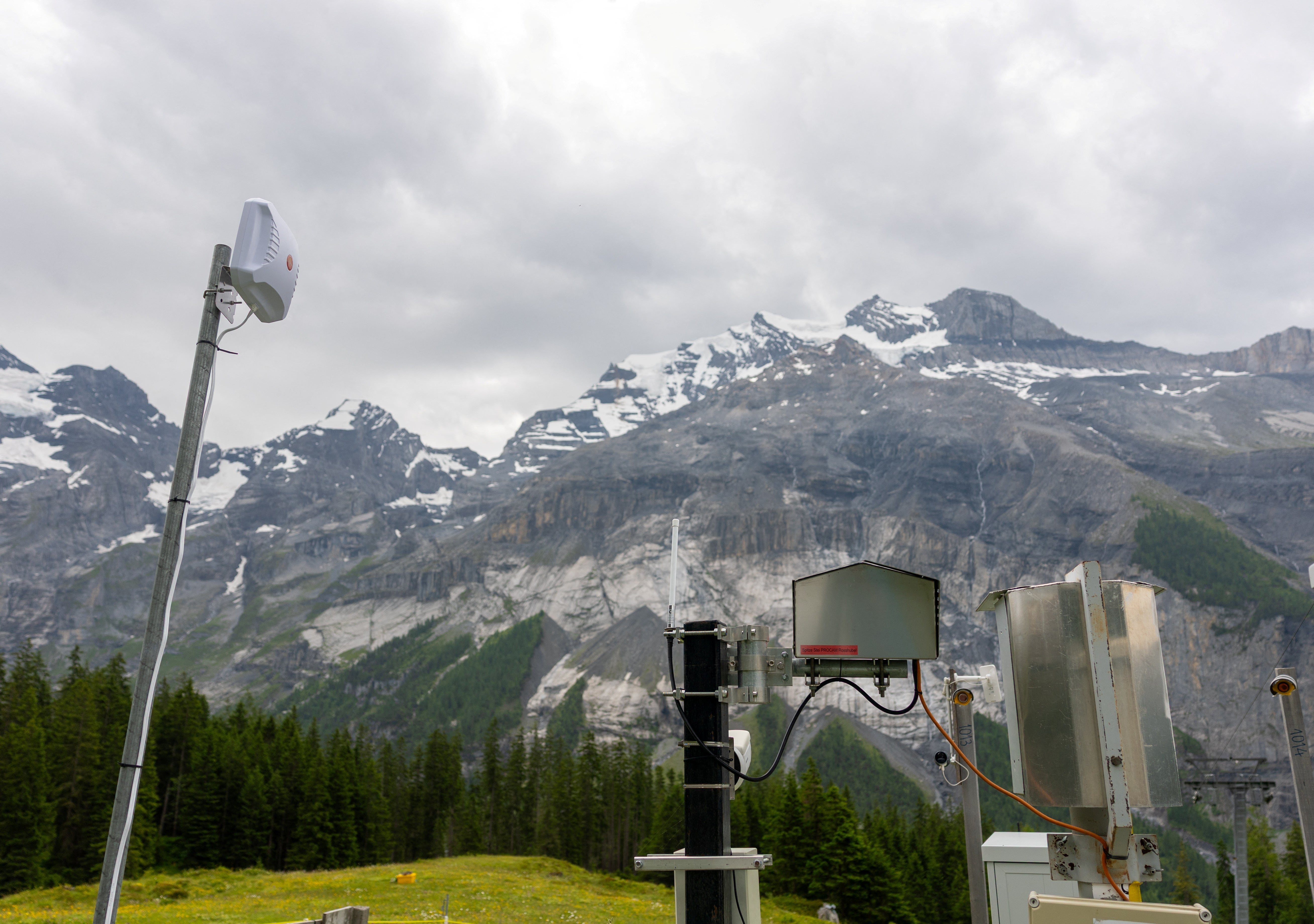 Radar and GPS devices monitor rock falls at the Spitzen Stein at the Oeschinensee, as it threatens the village amid climate change and warming permafrost pose increasing challenges in Kandersteg, Switzerland, June 26, 2025. REUTERS/Denis Balibouse