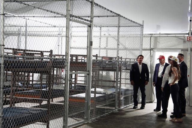 <p>Ron DeSantis and Donald Trump toured ‘Alligator Alcatraz’ with Kristi Noem</p>