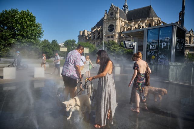 <p>Dogs and their owners cool off from the heat in a fountain in front of Saint-Eustache Church in central Paris on July 01, 2025 </p>