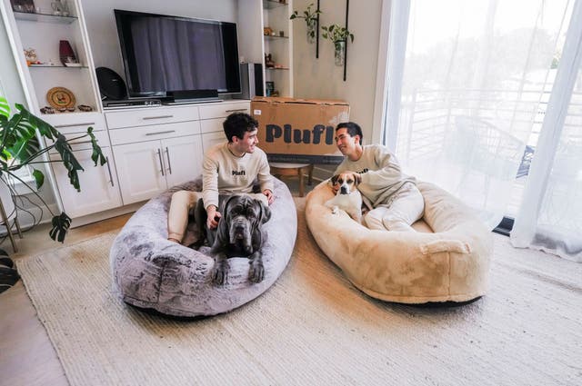 <p>Plufl founders Noah Silverman and Yuki Kinoshita pose with their China-made "human dog bed" in a store</p>