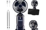 A Vonhaus handheld fan in desk mode, phone mode, and folding mode