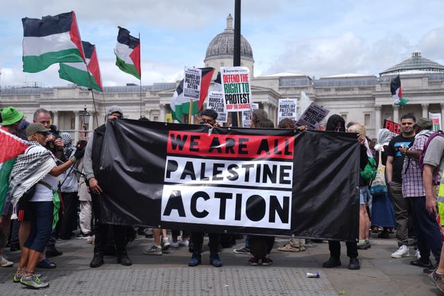 <p>Protesters gather in Trafalgar Square last month to support Palestine Action</p>