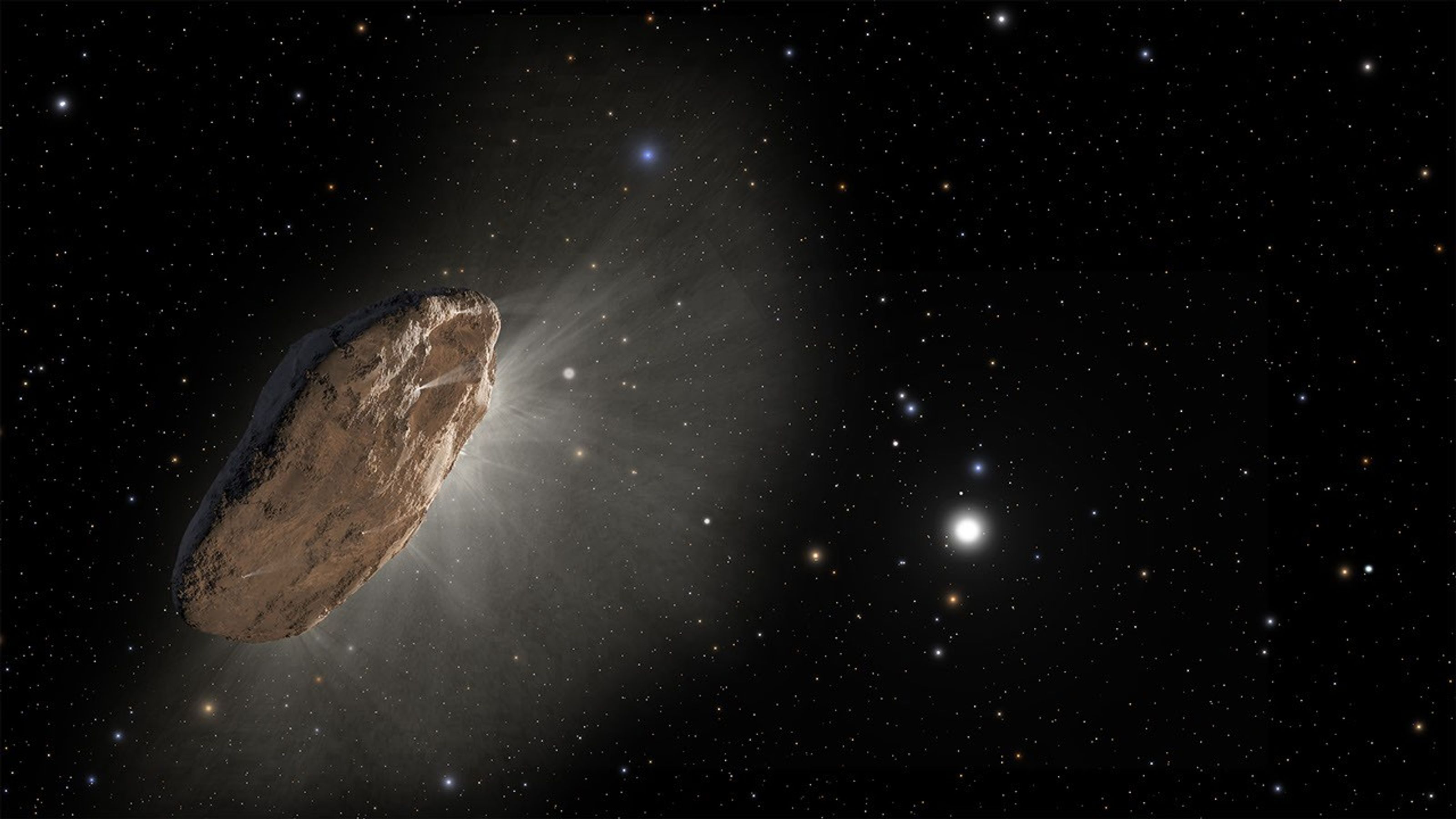 An artist’s illustration shows the wayward interstellar visitor `Oumuamua at the outskirts of the solar system. The object was the first known interstellar object to visit our solar system