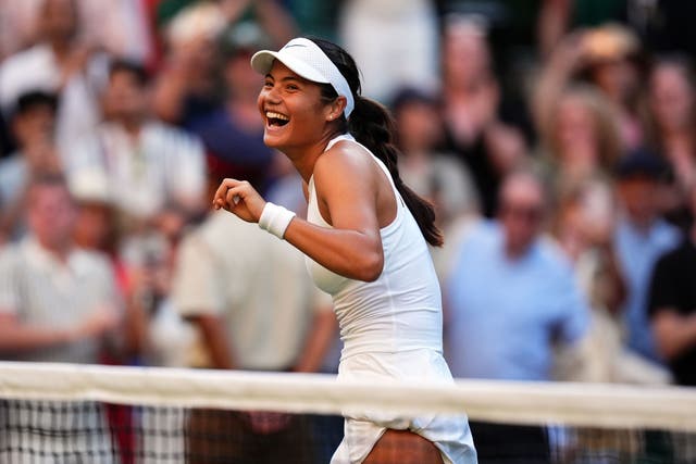 Emma Raducanu celebrates victory following her match against Marketa Vondrousova on day three of the 2025 Wimbledon Championships at the All England Lawn Tennis and Croquet Club, London. Picture date: Wednesday July 2, 2025.