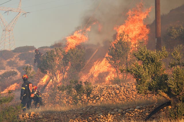 <p>Beachgoers look at rising flames and smoke from a wildfire burning in Vourvourou village on Halkidiki peninsula, Greece, on 2 July 2025</p>