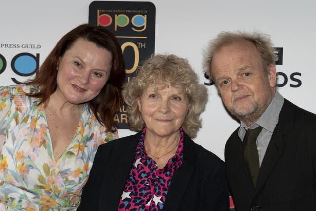 <p>Monica Donlan (left), Jo Hamilton and Toby Jones attend the 50th annual Broadcasting Press Guild awards, at the Royal Horse Guards Actors Monica Dolan and Toby Jones with Jo Hamilton (Jordan Pettitt/PA)</p>