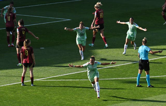 <p>Arianna Caruso celebrates her first-half goal</p>