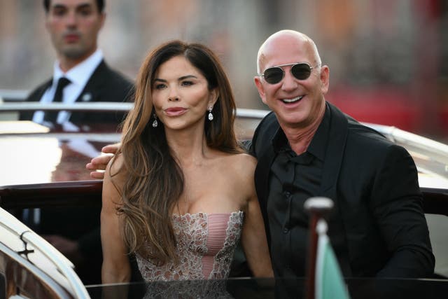 <p>Amazon's founder Jeff Bezos and spouse Lauren Sanchez Bezos leave the Aman Hotel on the third day of their wedding festivities, in Venice on June 28, 2025</p>