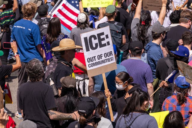 <p>An anti-ICE demonstration in downtown Los Angeles, California</p>